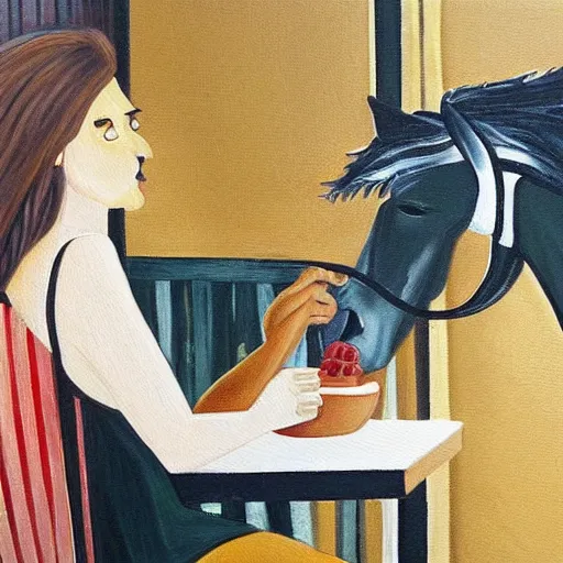 Image similar to a painting of a horse picking its nose, while in a cafe