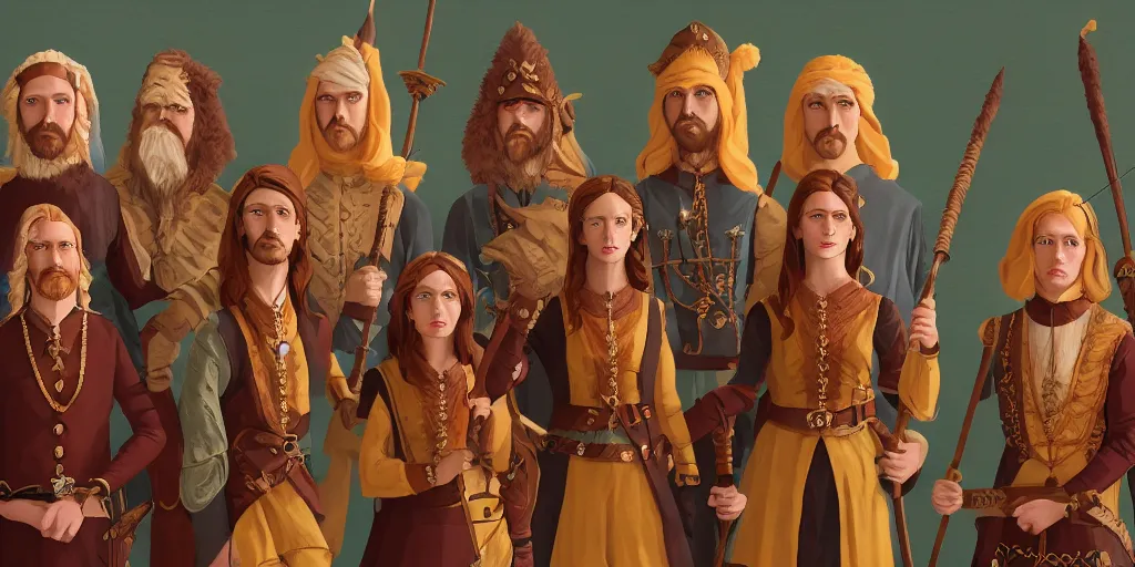 Prompt: High Fantasy Adventurers Group of Five Portrait directed by Wes Anderson, Chest high, RPG portrait, Regal, Formal, Symmetrical, dynamic lighting, Highly Detailed, Cinematic Lighting, 8k, HD