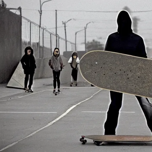 Image similar to Photo of Pyramid Head from Silent Hill skateboarding on city streets