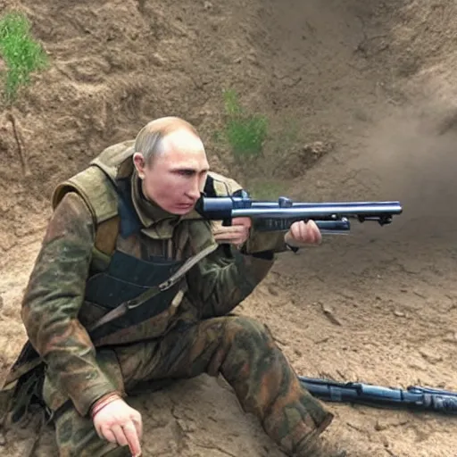 Image similar to Putin, fully equipped, is sitting in a trench and shooting back at the Ukrainians. Super detailed style/ HD textures/Detailed face of Putin/ detailed processing of details