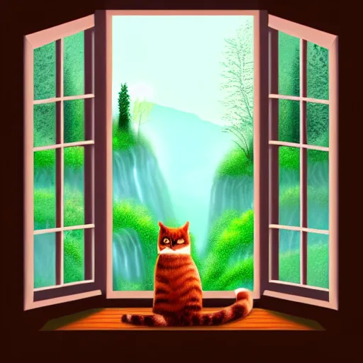 Prompt: a beautiful landscape including a waterfall and a forest through a window, cat sitting on the edge of the window, illustration, digital art, trending on artstation