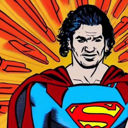 Prompt: a drawing of ricardo arjona dressed as superman eating an ice cream