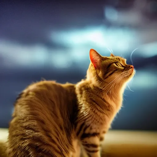 Prompt: a photo of a cat looking at the sky at night, dramatic lighting, high resolution, hdr