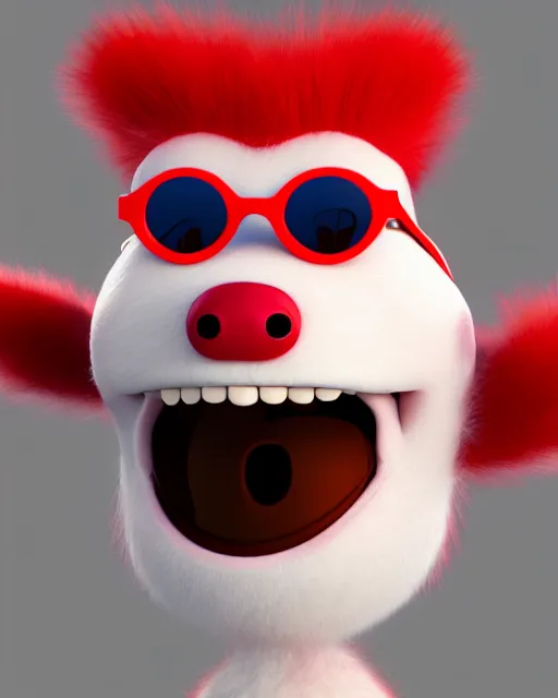 Prompt: 3 d render of completely red hairy friendly antropomorphic cartoony creature wearing white ray - ban shades, full body, simple, smile with no nose, no ears, cute, white background, unreal engine 5 hdr