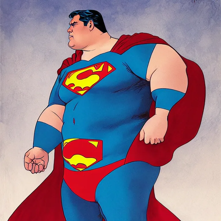 Prompt: Mordidly obese superman, style of Joshua Middleton comic book art Nick Dragotta comic art, symmetrical face, symmetrical eyes, depressed sad expression, painterly style