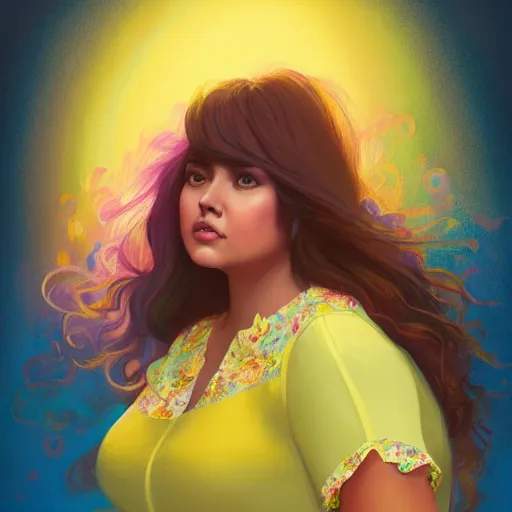 Prompt: colorful and festive cute young plus size hispanic woman with tan skin, brown long hair with bangs, wearing yellow floral blouse. full body, rich vivid pastel colors, ambient lighting, dynamic lighting, 4 k, atmospheric lighting, painted, intricate, highly detailed by charlie bowater