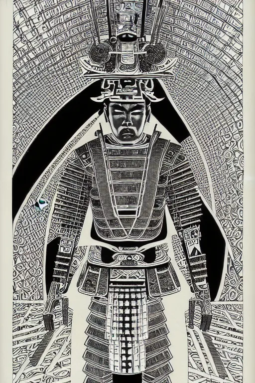 Prompt: a black and white drawing of an ancient future japanese temple samurai, a detailed mixed media collage by hiroki tsukuda and eduardo paolozzi and moebius, intricate linework, sketchbook psychedelic doodle comic drawing, geometric, street art, polycount, deconstructivism, matte drawing, academic art, constructivism