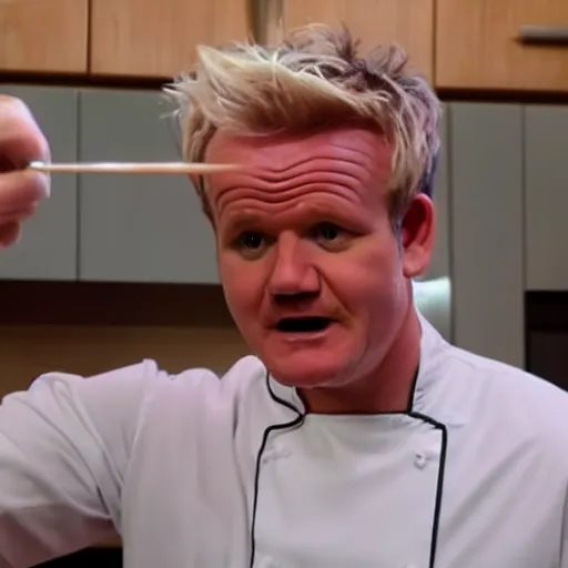 Image similar to hyper real Gordon Ramsey cooking a unicorn in kitchen 4k