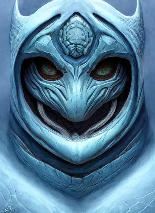 Prompt: winter blizzard mf doom reptile eyes, blue frozen glacier skin. intricate, elegant, highly detailed, centered, digital painting, artstation, concept art, smooth, sharp focus, illustration, artgerm, tomasz alen kopera, peter mohrbacher, donato giancola, joseph christian leyendecker, wlop, frank frazetta