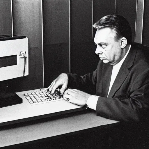 Image similar to viktor orban programming a vintage computer in a cubicle, oil painting