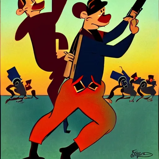 Image similar to monkey wielding two ak - 4 7 s, style of 1 9 2 0 s disney cartoon