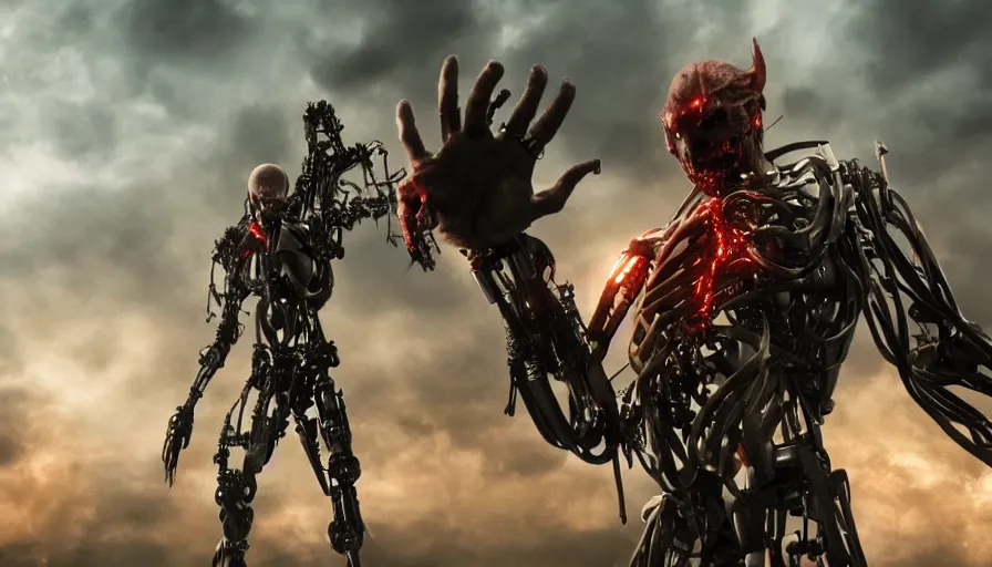 Prompt: Big budget movie about a cyborg fighting descarte's evil demon, also coffins