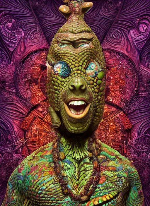 Prompt: a surreal portrait statue of joe rogan as a psychedelic tiki reptile stone god figure by naoto hattori, android jones, and chris dyer, deep bold colors, galactic dmt entity, depth of field, intricate beautiful painting, billions of details, octane render, portal, 8 k, detailed vector, trending on artstation, cgisociety