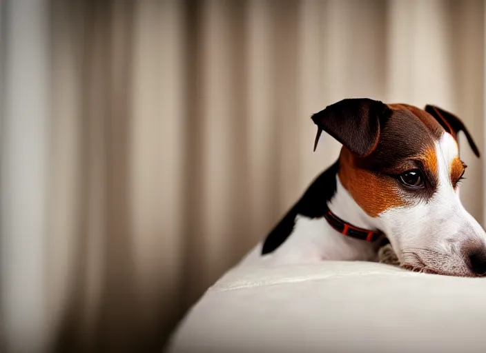 Image similar to photography of a Jack Russel . watching outside the window. on a bed. in a vintage room.,volumetric light, photorealistic,, award winning photo, 100mm, sharp, high res