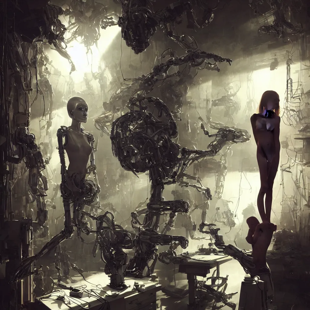 Image similar to extremely detailed cinematic movie still medium shot of supermodel girl artist working in her studio with human like robot hyperreal skin face by denis villeneuve, wayne barlowe, simon birch, marc simonetti, philippe druillet, beeple, alex grey bright volumetric sunlight, rich moody colors, bokeh