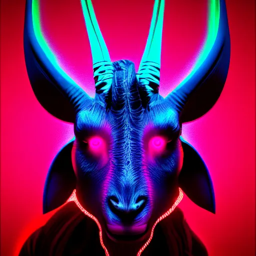 Prompt: synthwave demonic goat face with neon horns, detailed face, sharp focus, synthwave art, aesthetic, octane render, raw, cinematic