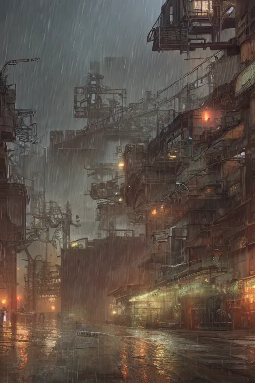 Prompt: a highly detailed matte painting of a soviet steampunk industrial zone in lightning storm and heavy rain by studio ghibli, makoto shinkai, by artgerm, by wlop, by greg rutkowski, volumetric lighting, octane render, 4 k resolution, trending on artstation, masterpiece