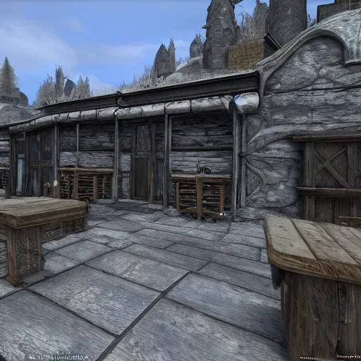 Image similar to iphone reseller store in the middle of whiterun, 3 dgc, wide shot, skyrim, oblivion, pc game, gameplay screenshot