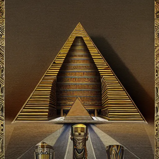 Prompt: oil on canvas of egyptian god beautiful majestic. realistic. beautiful. mysterious. intricately detailed. meticulously rendered.. pyramid. epic. 8 k hd. trending on art station. h 7 6 8