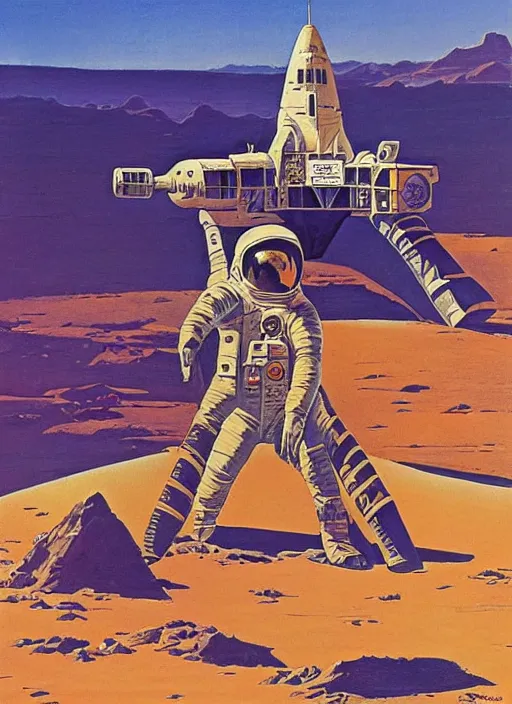 Image similar to an astronaut in the desert by robert mccall