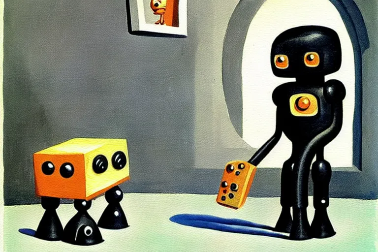 Prompt: a cute little robots painting by charles addams
