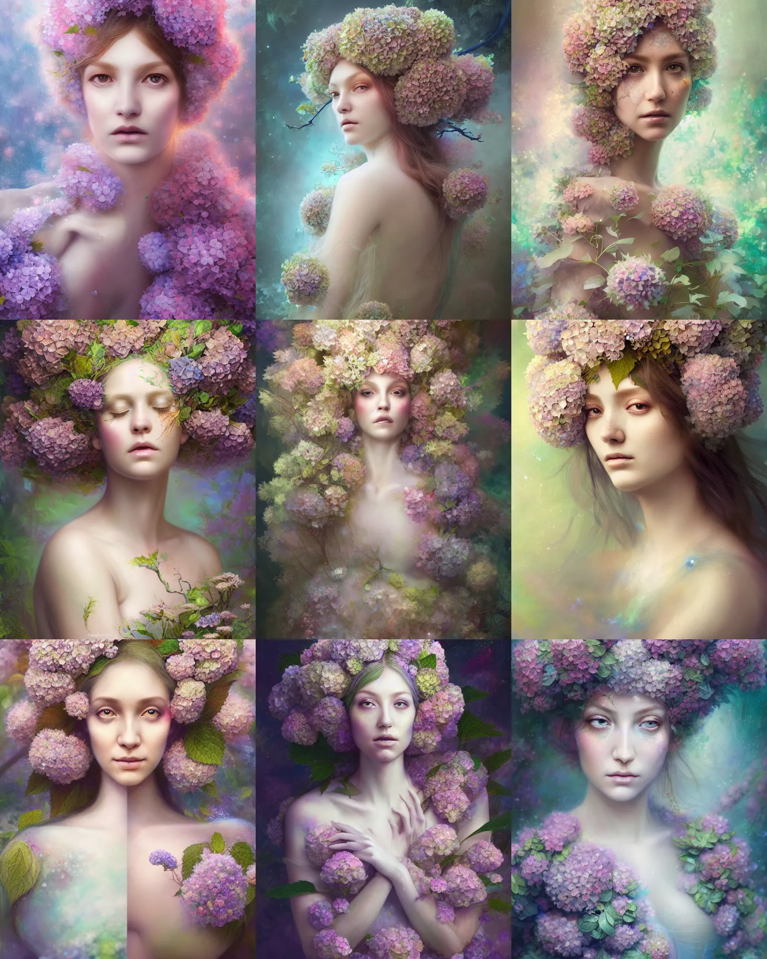 Prompt: Full View realistic Portrait ethereal hydrangea dryad wearing beautiful dress, deity of hydrangeas, vogue, 4k digital masterpiece by Anna Dittman and Alberto Seveso, Ruan Jia, rossdraws, fantasycore, Hyperdetailed, realistic oil on linen, soft lighting, Iconography background, featured on Artstation