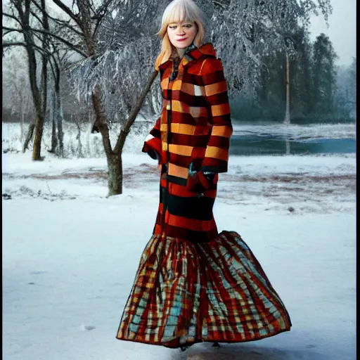 Image similar to emma stone wearing valenki in russian village, winter, painted by ron arad and steve argyle, blonde hair, cinematic