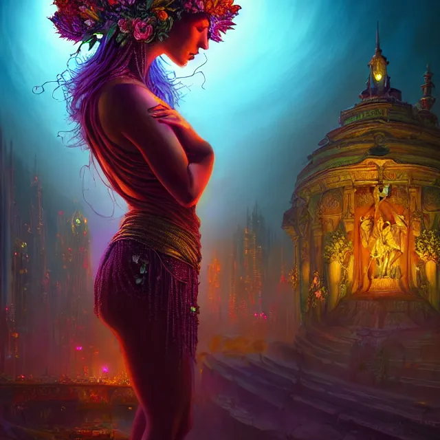 Image similar to Beautiful 3d render of the flower queen goddess in a sensual pose, atmospheric lighting, painted, intricate, volumetric lighting, beautiful, rich deep colours masterpiece, sharp focus, ultra detailed, in the style of Dan Mumford and marc simonetti, with a crowded futuristic cyberpunk city in the background, astrophotgraphy