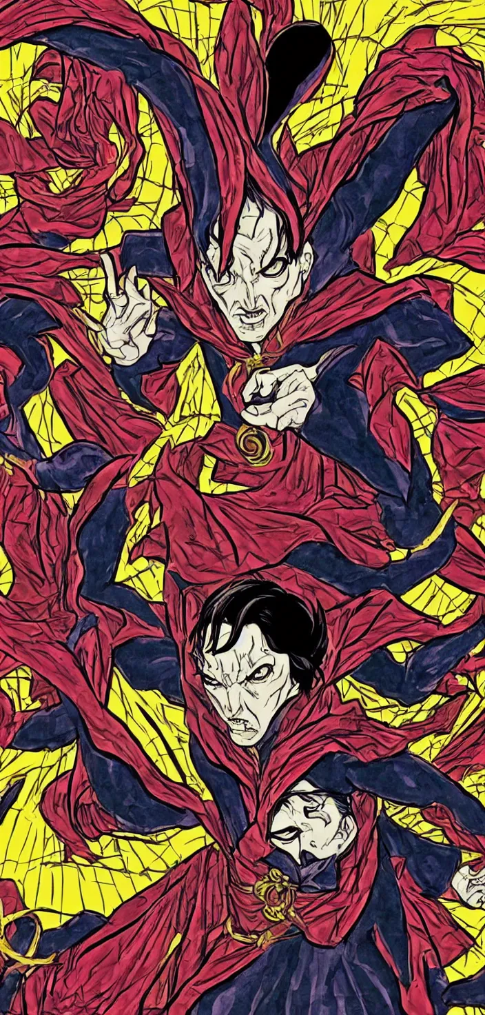 Prompt: Dr strange as an evil anime character in the style of Junji Ito, bright colourful pop art