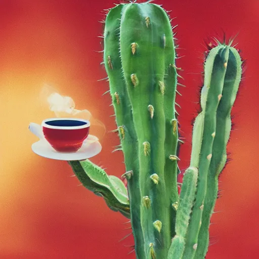 Image similar to spartan drinking tea with trichocereus background and smoke haze