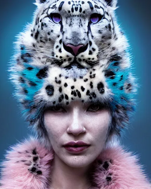 Image similar to natural light, soft focus portrait of a cyberpunk anthropomorphic snow leopard with soft synthetic pink skin, blue bioluminescent plastics, smooth shiny metal, elaborate ornate head piece, piercings, skin textures, by annie leibovitz, paul lehr