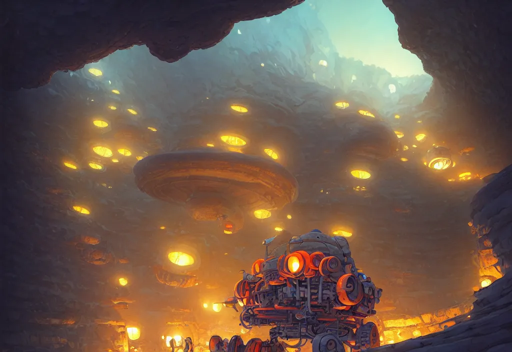 Image similar to chubby futuristic mining cart in a dark cave filled with giant brown mushrooms, intricate oil painting, high detail illustration, sharp high detail, manga and anime 1 9 9 9, official fanart behance hd artstation by jesper ejsing and makoto shinkai, 4 k,