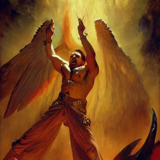 Image similar to attractive male lucifer morningstar casting a spell summoning male demons, they rise from down bellow. highly detailed painting by gaston bussiere, craig mullins, j. c. leyendecker, 8 k