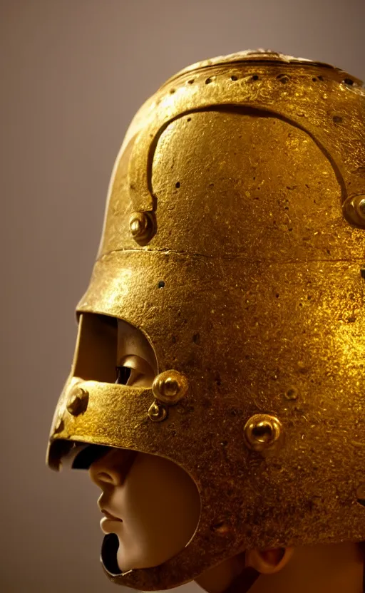 Image similar to a warrior wearing a corinthian helmet, museum photography, closeup, bokeh, golden hour