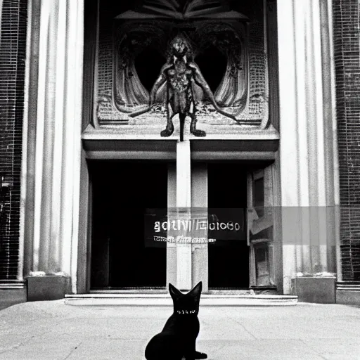 Image similar to detailed professional photographic portrait of Sigourney Weaver wearing a white singlet and her cat moving apartment New York City 1983, gothic building entrance way Art Deco. Giger, cinematic feel, high octane