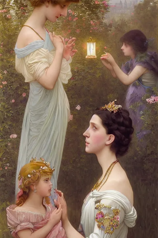 Prompt: a beautiful painting of a blushing princess in a tiara and an iridescent art nouveau gown resembling millie bobby brown watching the lantern festival in ancient london, intricate, elegant, highly detailed, digital painting, artstation, concept art, by krenz cushart and artem demura and william adolph bouguereau and alphonse mucha