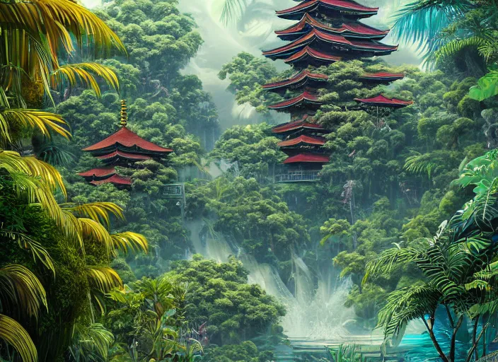 Image similar to overgrown tropical foliage overtaking many tall ornate japanese buildings, underwater environment, borealis, scenery, professional, award - winning, trending on artstation, hyper detailed, realistic, beautiful, emotional, shiny, golden, picture