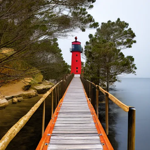 Prompt: very very tall pontoon with a narrow path leading to a lighthouse in the horizon, there is a tall tree at the beginning of the path, its rainy and the lighthouse is turned on, moody