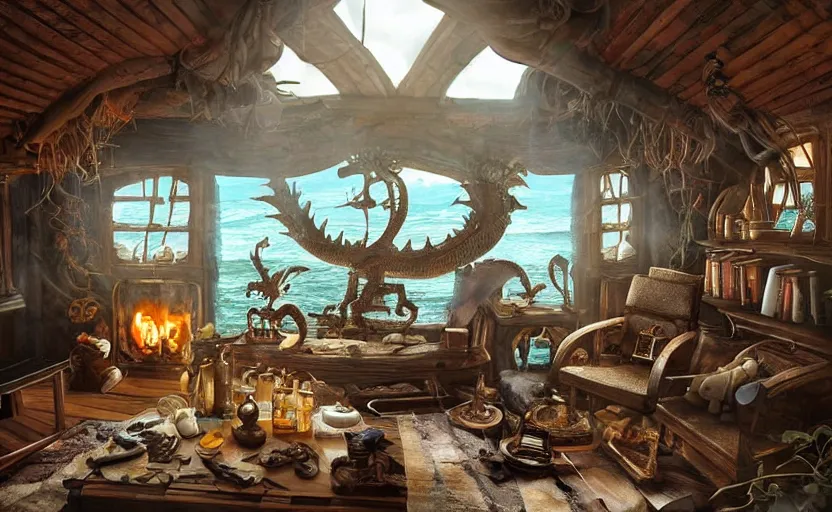 Image similar to pirate captain living room interior in the middle of a stormy ocean, with a witch cauldron and bottles of potions and ingredients in jars, sunny, natural materials, rustic wood, window sill with plants, vines on the walls, dried herbs under the ceiling bookshelves, design. A giant dragon looking through the window. Fire. Gigantic dragon eye. Mordor