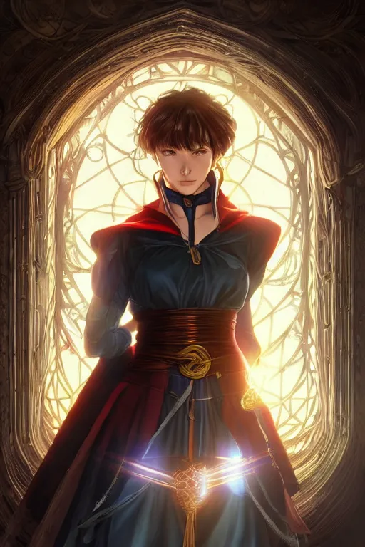 Image similar to anime key visual of a beautiful young female doctor strange, marvel comics, spells, magic, intricate, magical village, stunning, highly detailed, digital painting, artstation, smooth, hard focus, illustration, art by artgerm and greg rutkowski and alphonse mucha