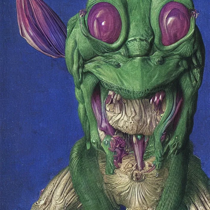 Image similar to close up portrait of a mutant monster creature with colorful exotic indigo iris eyes, crystal teeth, mantis composure. by jan van eyck, audubon