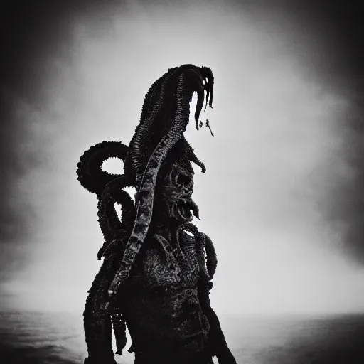 Image similar to a black and white photo of a lovecraftian creature