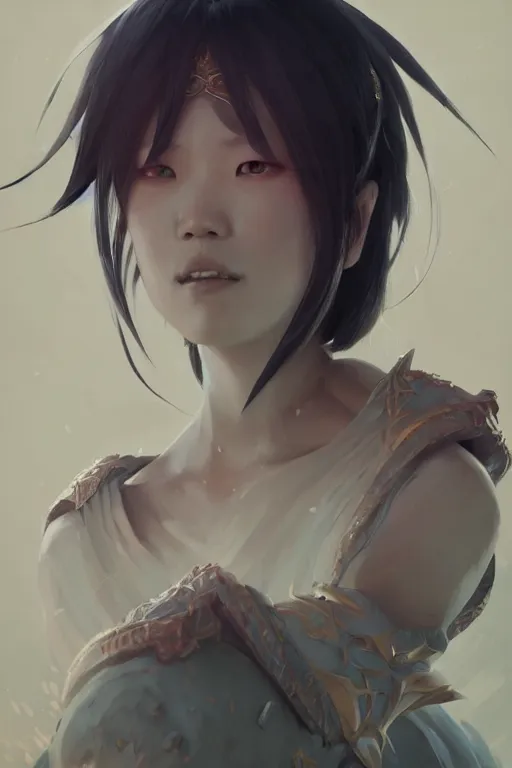 Image similar to highly detailed portrait of shinobu kocho from demon slayer, fantasy illustration, by greg rutkowski, photorealistic, unreal engine, detailed and intricate environment, trending on pixiv, twitter