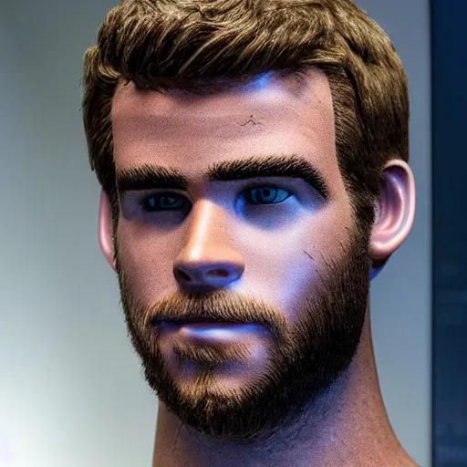 Image similar to “ a realistic detailed photo of a guy who is an attractive humanoid who is half robot and half humanoid, who is a male android, actor liam hemsworth, shiny skin, posing like a statue, blank stare, at the museum, on display ”