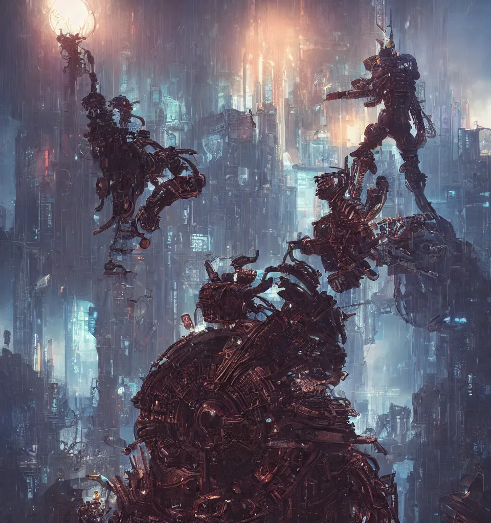 Image similar to cyberpunk gladiator, cinematic, highly detailed, octane render, cg, rich cinematic atmosphere, perfect digital art, mystical journey in strange world, Mystical, cyberpunk, tech war, sci-fi, surreal, glowing lights, sharp focus, high detailed, by Akihiko Yoshida, michael whelan and Karol Bak