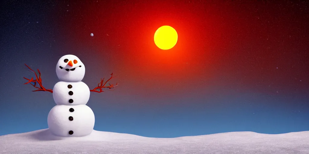 Image similar to a snowman standing on top of the sun. the ground is made entirely of fire and is glowing orange. cinematic, dramatic, epic, volumetric lighting, atmospheric, red, orange extremely coherent, 8 k, space