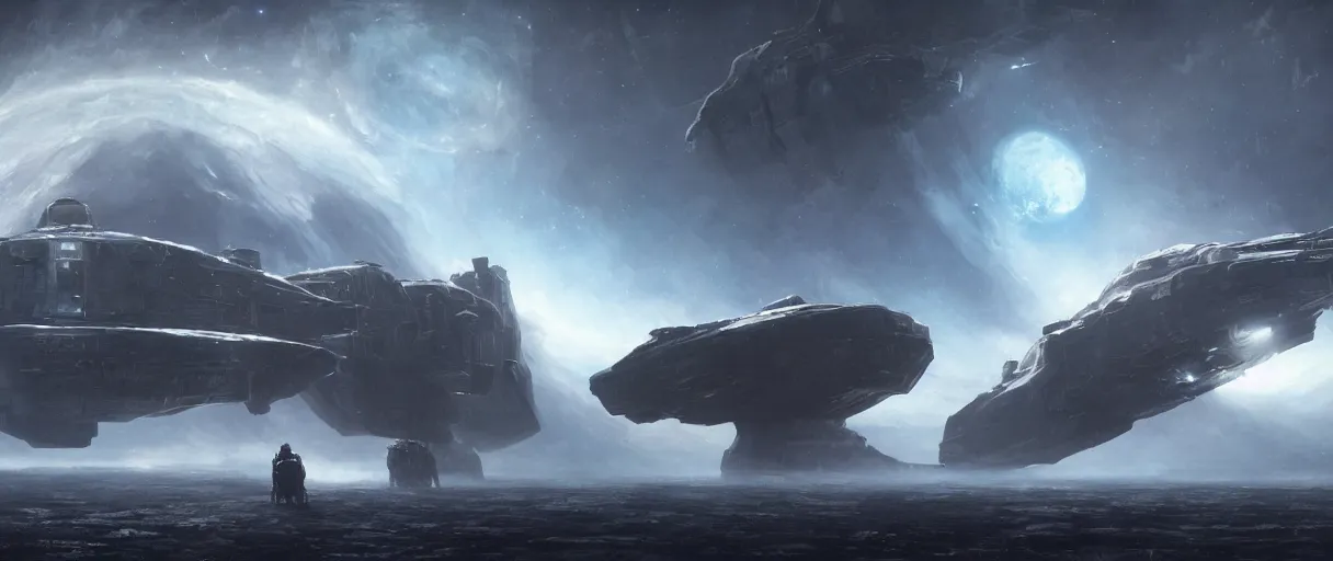 Image similar to concept art, a lonely scouting spaceship, traveling to new worlds, deep space exploration, the expanse tv series, industrial design, the hull protected by armor and turrets, spatial phenomena in the background, atmospheric, cinematic lighting, 4k, greebles, widescreen, wide angle, beksinski, sharp and blocky shapes