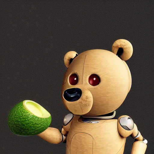 Image similar to an anthropomorphic robot bear holding an avocado and offering it to the viewer, ultra detailed, 8 k, trending on artstation, award - winning art,