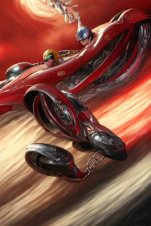 Image similar to Speed Racer, realistic and ultra intricate detailed soft painting, volumetric lighting, mist, chains and red fluid background, artstation, Tom Bagshaw Yasushi Nirasawa Moebius artstyle, unreal render, depth of field