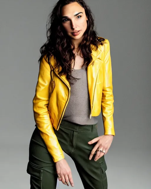Image similar to photos of gal gadot wearing a yellow leather jacket, green cargo pants, a red silk blouse, and baseball cap on her head, photoshoot in the style of annie leibovitz, photorealistic, soft focus, bokeh